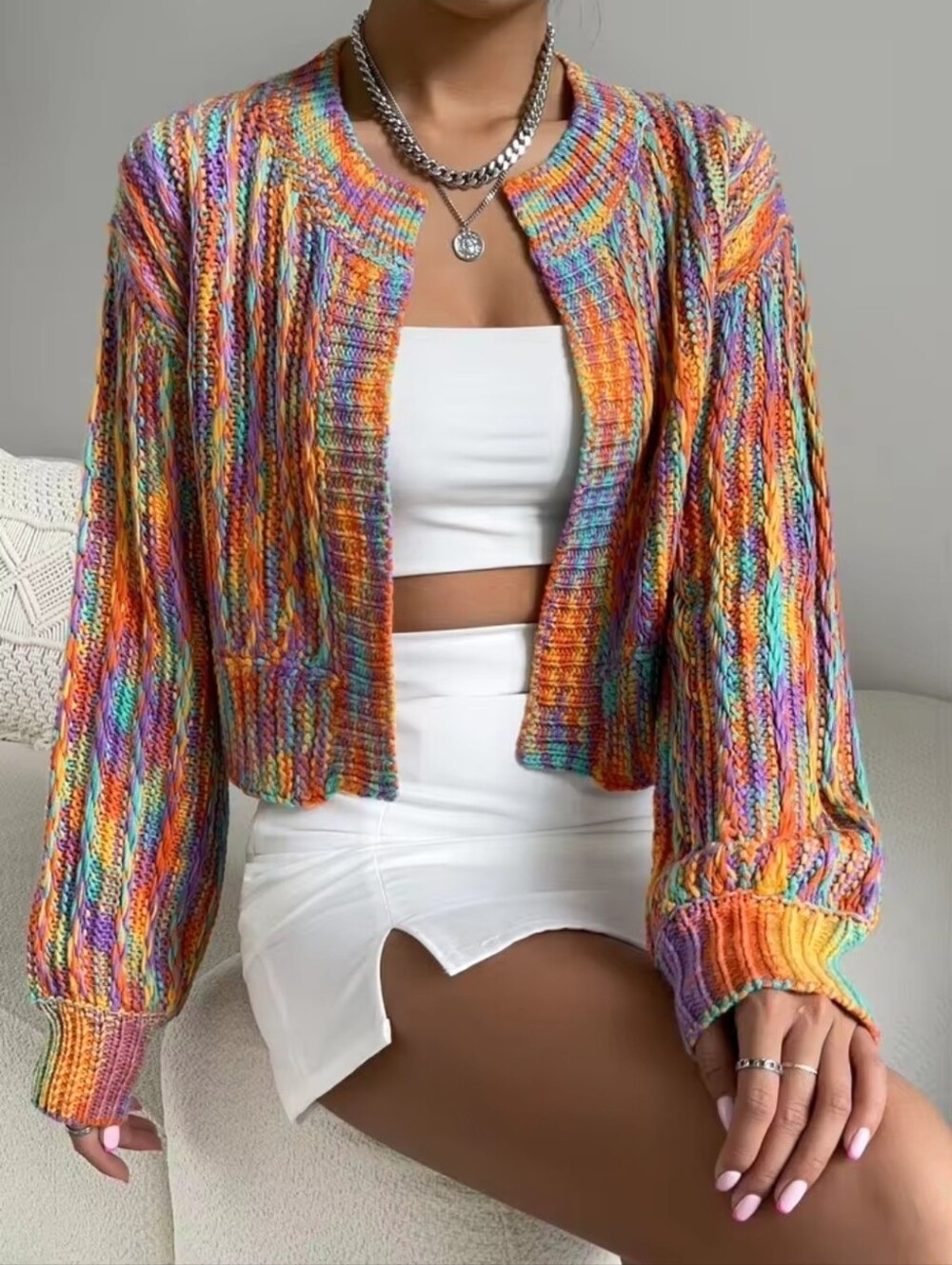Colorful Chunky Drop Shoulder Open Cropped Cardigan Sz XL Hipster Artsy Indie